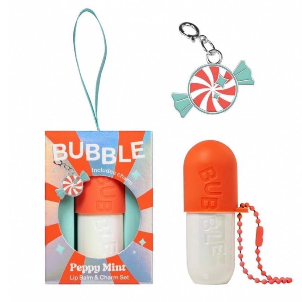 Bubble Peppy Mint Lip Balm & Charm Set Candy Cane Holiday Ornament New